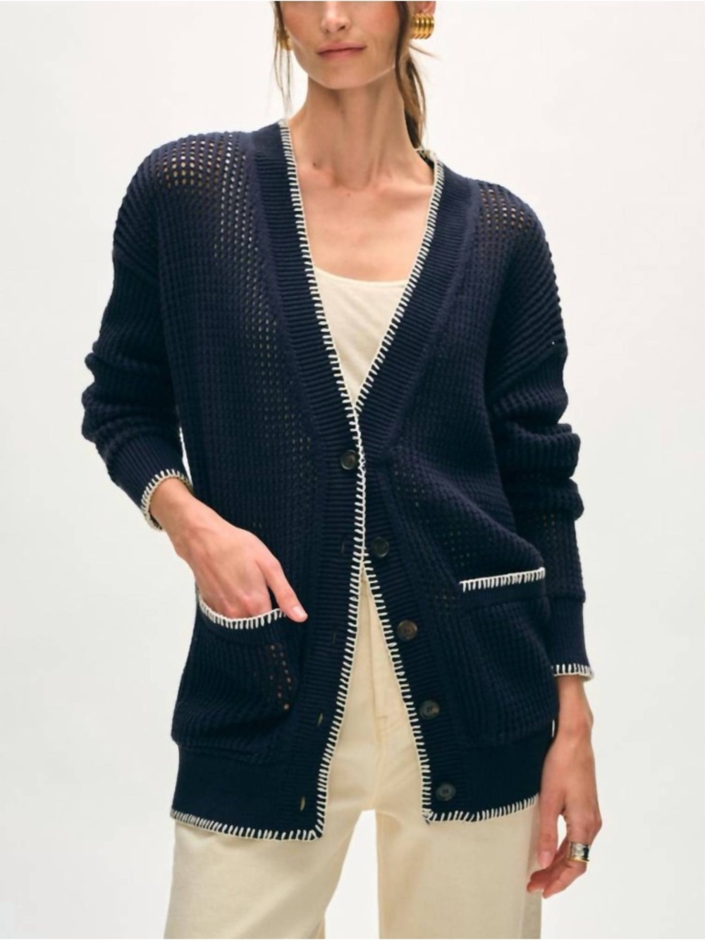 White + Warren Organic Cotton Blanket Trim Cardigan In Navy/Ivory